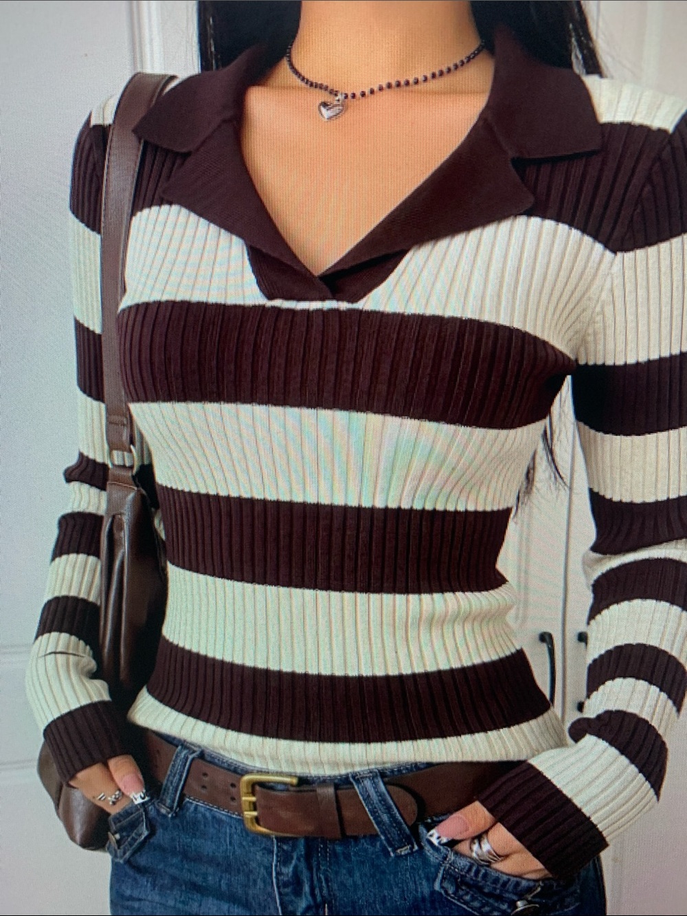 Striped Rib-Knit Polo Sweater - Brown & Cream